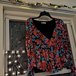 Floral V-Neck Long Sleeve Top - Black with Red & Teal Floral